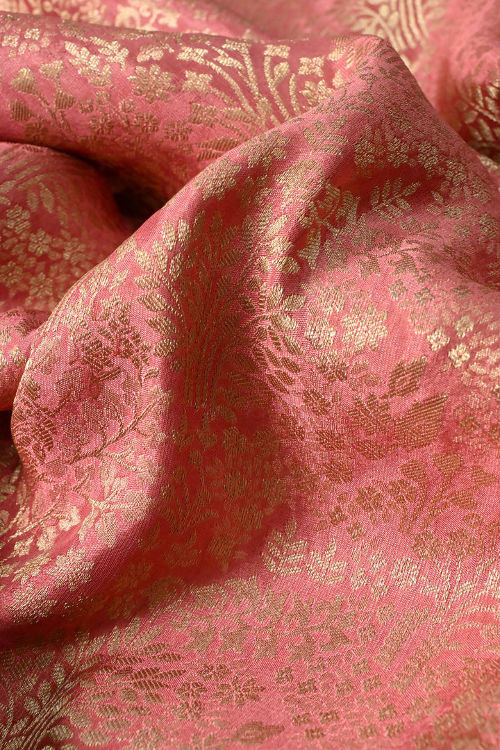 Light Rose Pink Mysore Silk Saree with Floral Zari Brocade Jaal and Zari Border | SILK MARK CERTIFIED | SHOBITAM