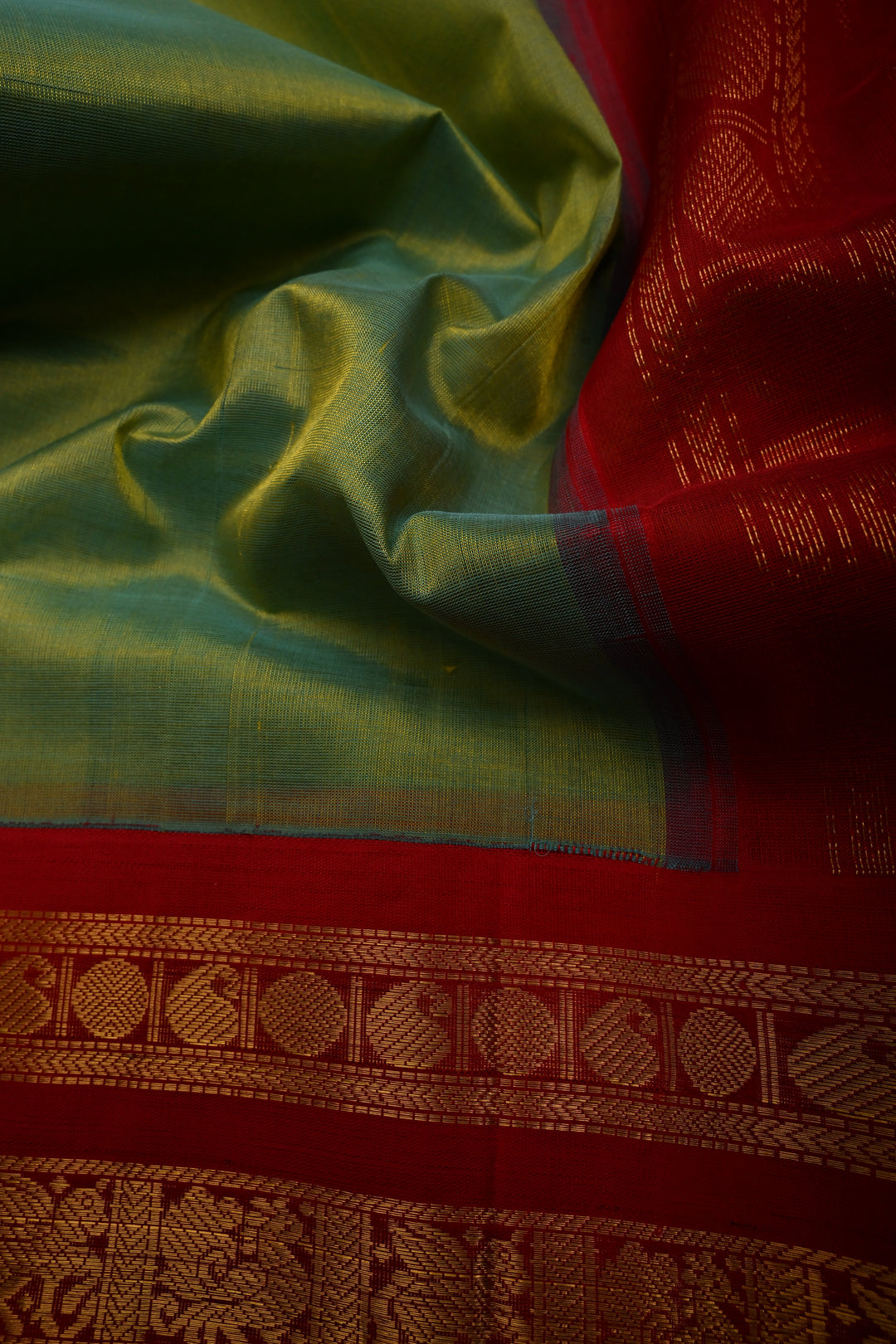 Green-Mustard Dula Tone 9 Yards Madisar Silk Cotton Saree with Contrast Zari Border ,No Blouse Piece