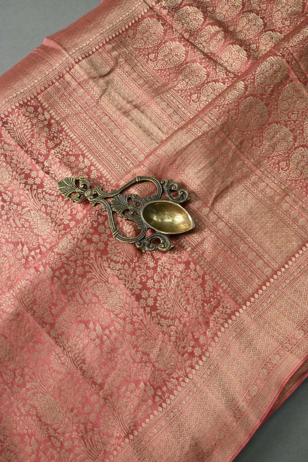 Light Rose Pink Mysore Silk Saree with Floral Zari Brocade Jaal and Zari Border | SILK MARK CERTIFIED | SHOBITAM