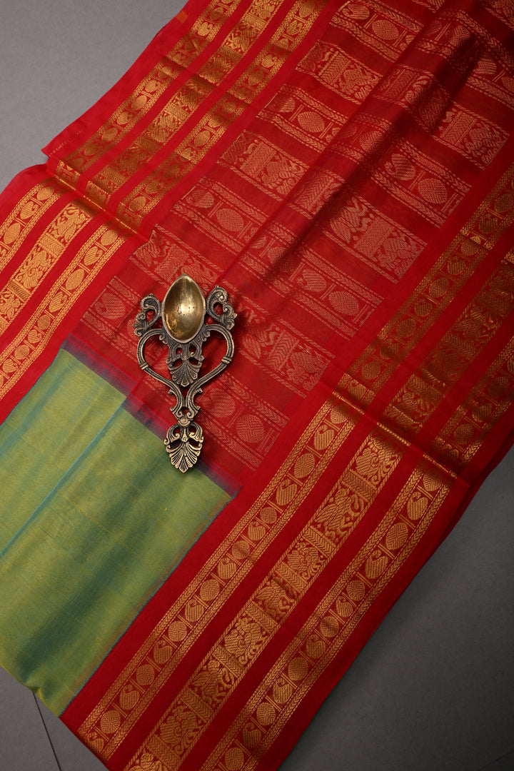 Green-Mustard Dula Tone 9 Yards Madisar Silk Cotton Saree with Contrast Zari Border ,No Blouse Piece