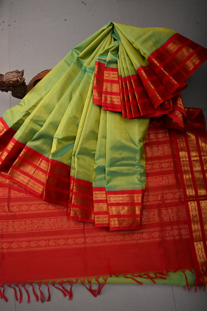 Green-Mustard Dula Tone 9 Yards Madisar Silk Cotton Saree with Contrast Zari Border ,No Blouse Piece
