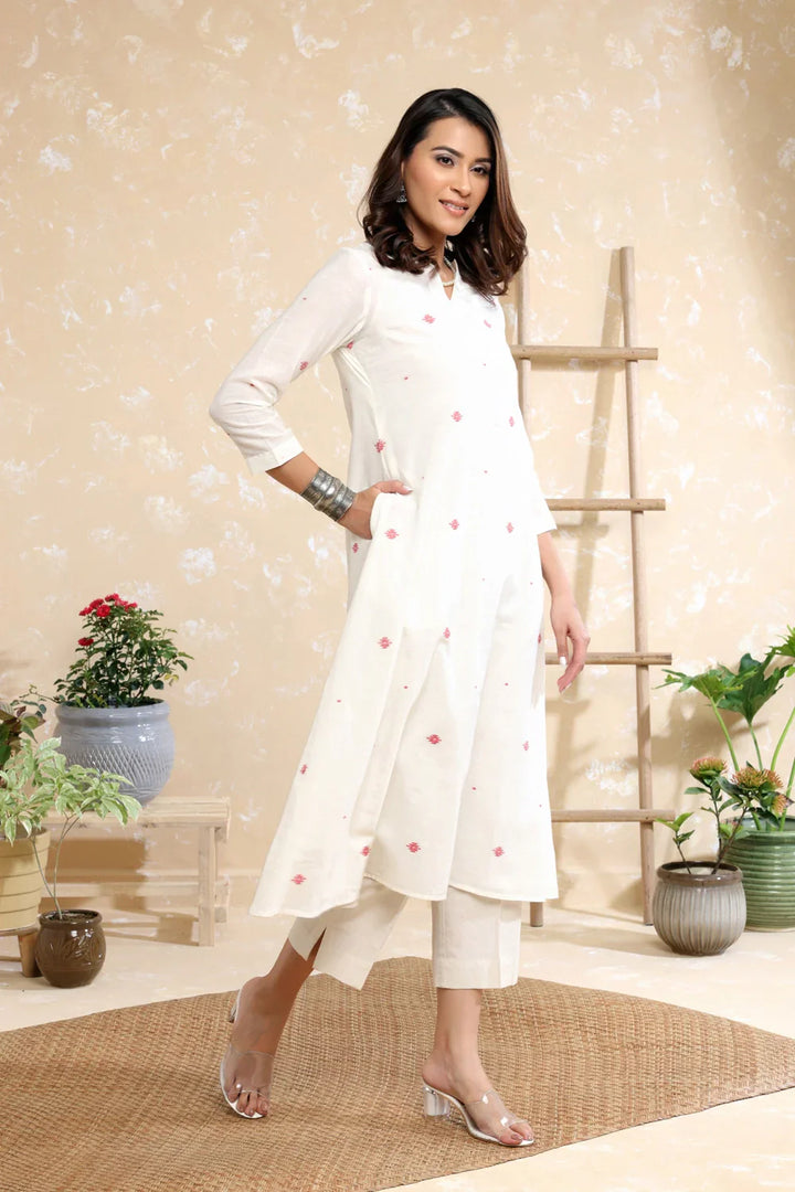 Handloom White Soft Cotton Jamdani Kurta Set With Dupatta | SHOBITAM
