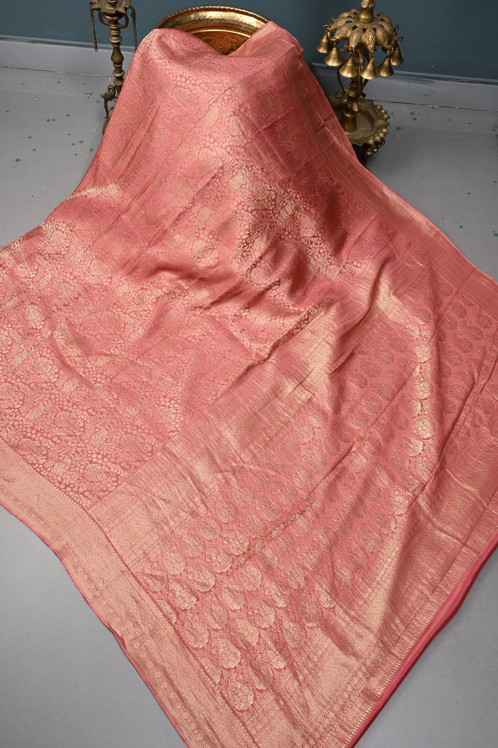 Light Rose Pink Mysore Silk Saree with Floral Zari Brocade Jaal and Zari Border | SILK MARK CERTIFIED | SHOBITAM