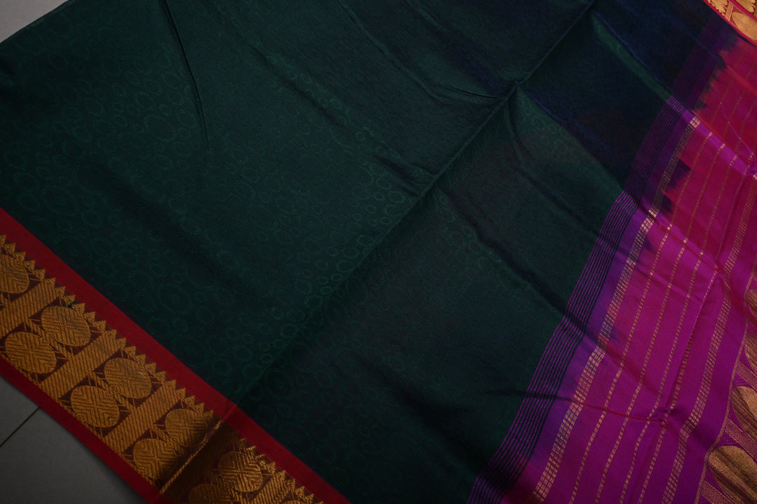 Green-Blue Dual Tone 9 Yards Madisar Silk Cotton Saree with Self Brocade and Contrast Border ,No Blouse Piece