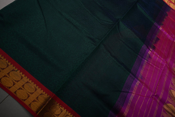 Green-Blue Dual Tone 9 Yards Madisar Silk Cotton Saree with Self Brocade and Contrast Border ,No Blouse Piece