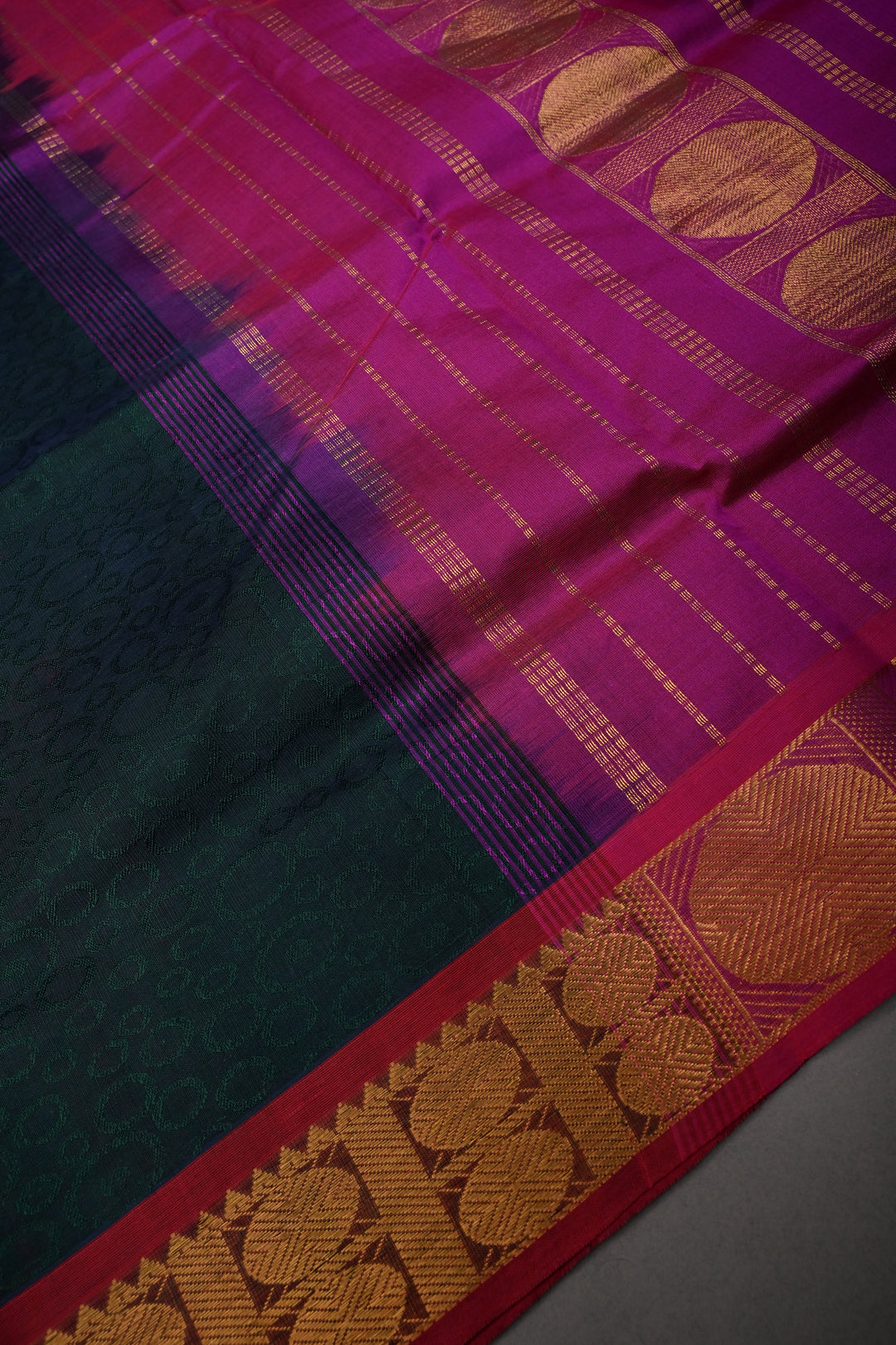 Green-Blue Dual Tone 9 Yards Madisar Silk Cotton Saree with Self Brocade and Contrast Border ,No Blouse Piece