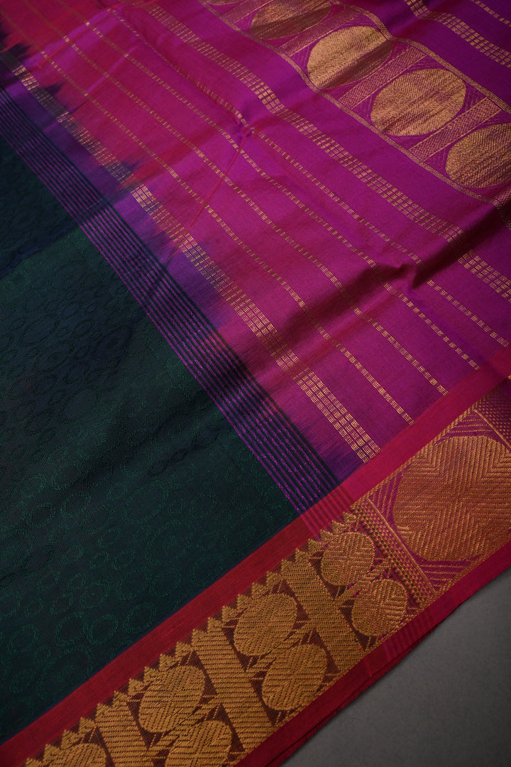 Green-Blue Dual Tone 9 Yards Madisar Silk Cotton Saree with Self Brocade and Contrast Border ,No Blouse Piece