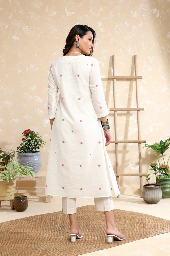 Handloom White Soft Cotton Jamdani Kurta Set With Dupatta | SHOBITAM