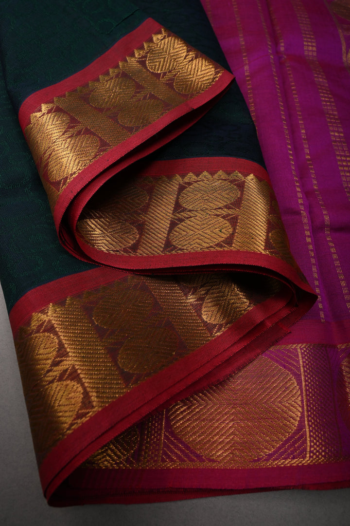 Green-Blue Dual Tone 9 Yards Madisar Silk Cotton Saree with Self Brocade and Contrast Border ,No Blouse Piece