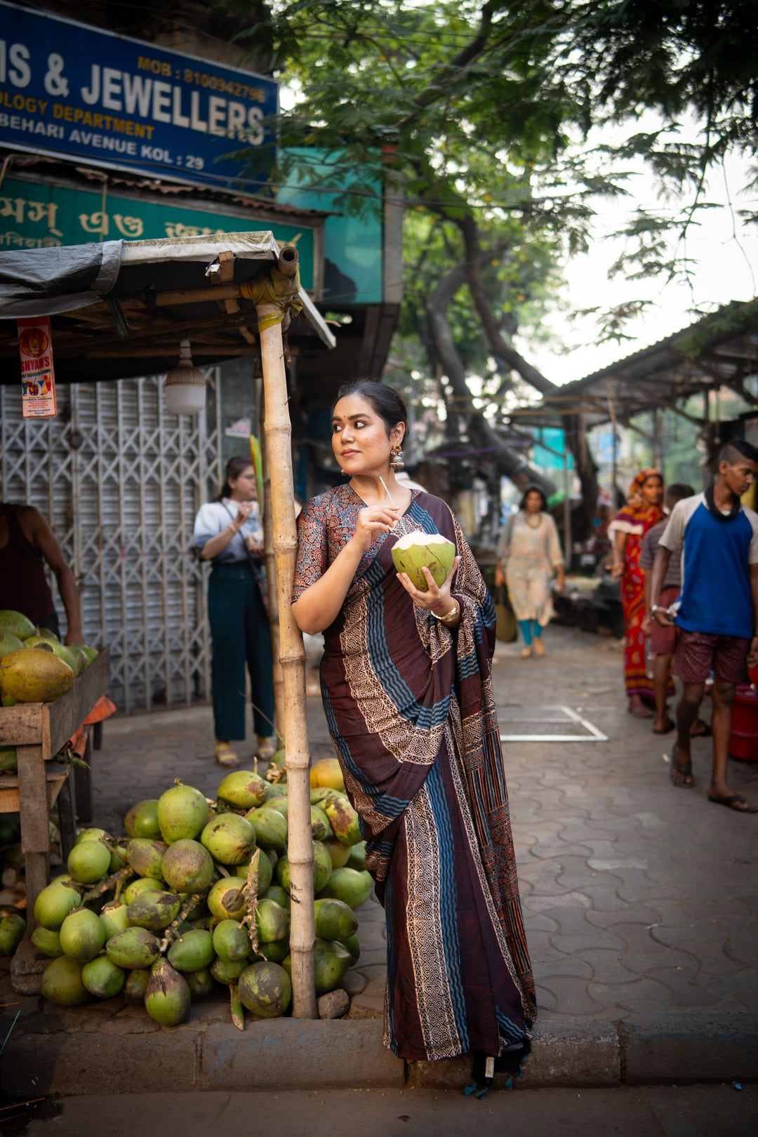Multicolor Ajrakh Hand Block Print on Modal Silk Saree with Panel Design