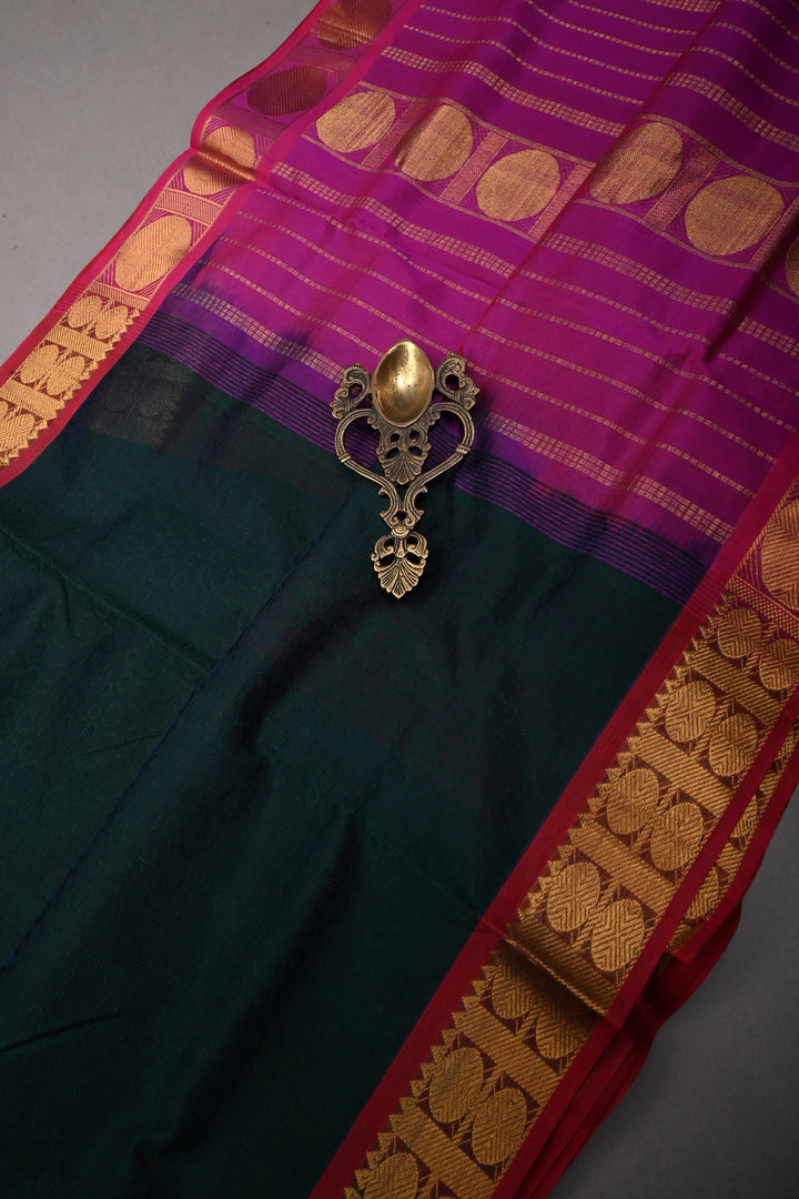 Green-Blue Dual Tone 9 Yards Madisar Silk Cotton Saree with Self Brocade and Contrast Border ,No Blouse Piece