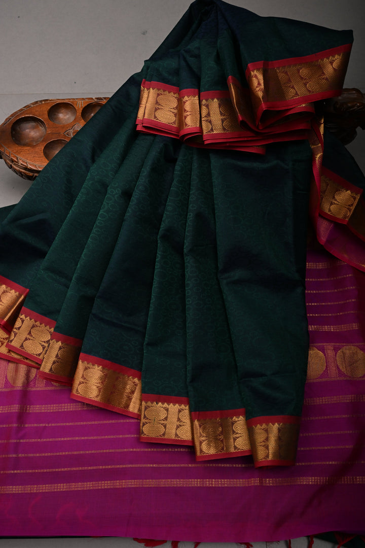 Green-Blue Dual Tone 9 Yards Madisar Silk Cotton Saree with Self Brocade and Contrast Border ,No Blouse Piece