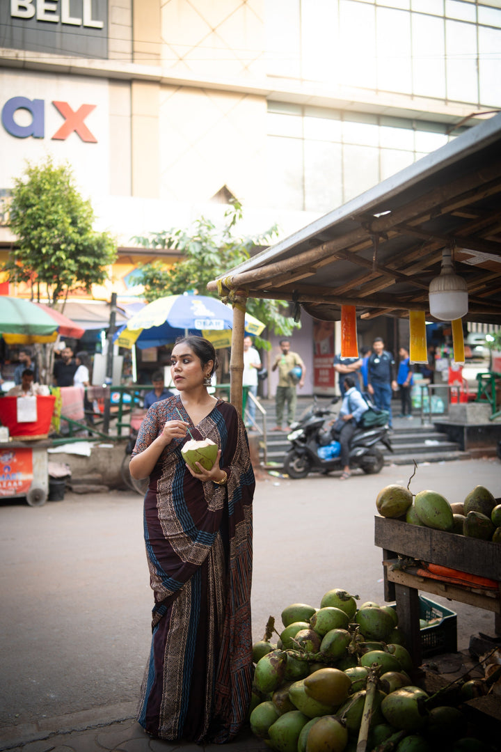 Multicolor Ajrakh Hand Block Print on Modal Silk Saree with Panel Design