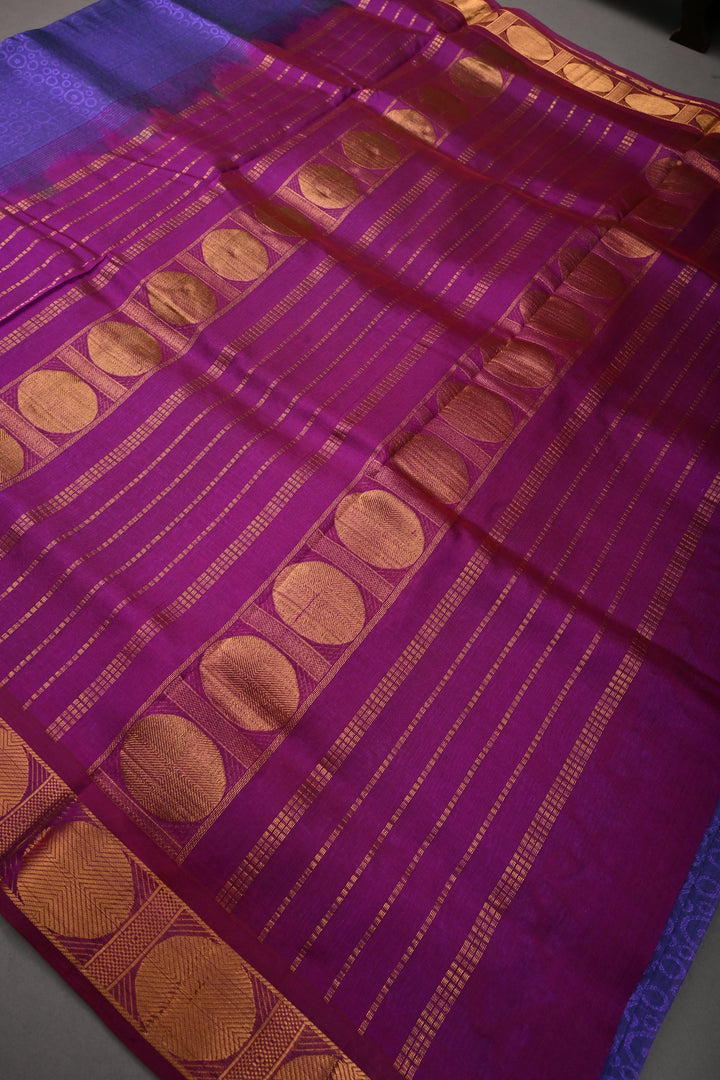 Purple-Green 9 Yards Madisar Silk Cotton Saree with Self Brocade and Contrast Minimal Zari Border ,No Blouse Piece
