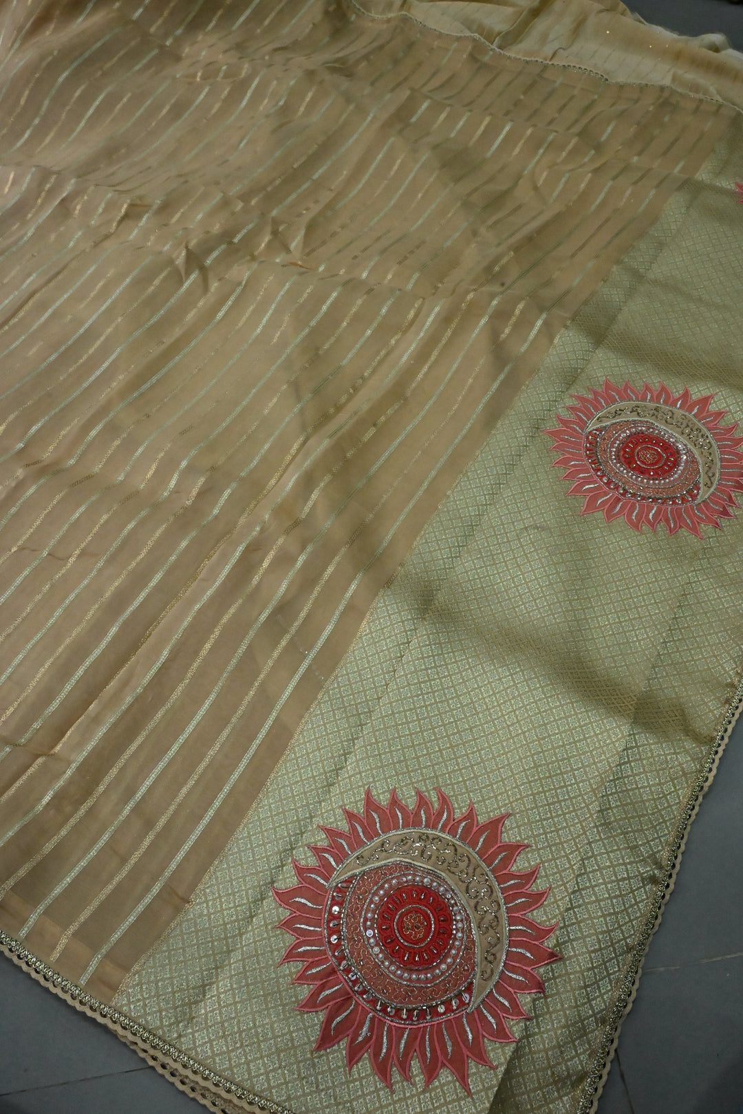 Dark Beige Vegan Viscose Silk Saree with 2 tone Vertical Zari Stripes and Minimal lace Border | SHOBITAM