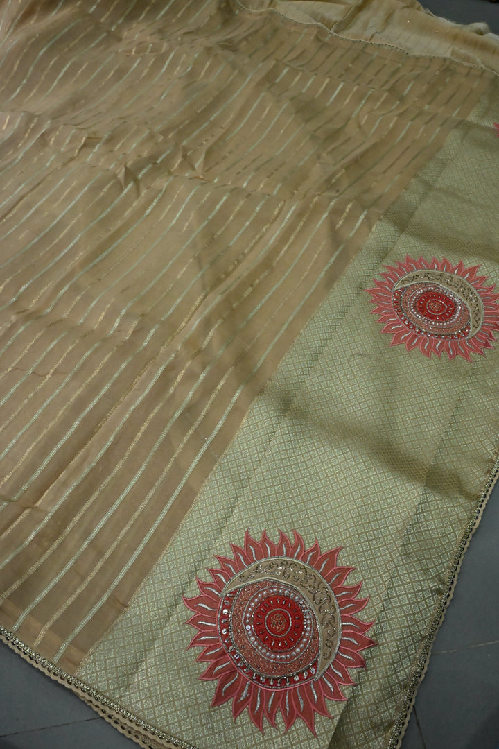 Dark Beige Vegan Viscose Silk Saree with 2 tone Vertical Zari Stripes and Minimal lace Border | SHOBITAM