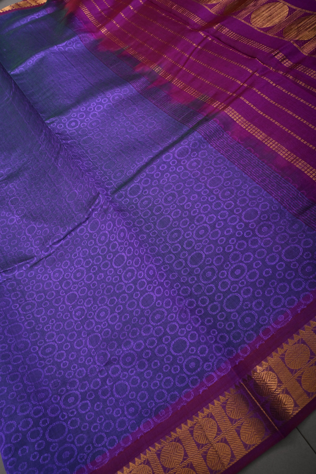 Purple-Green 9 Yards Madisar Silk Cotton Saree with Self Brocade and Contrast Minimal Zari Border ,No Blouse Piece