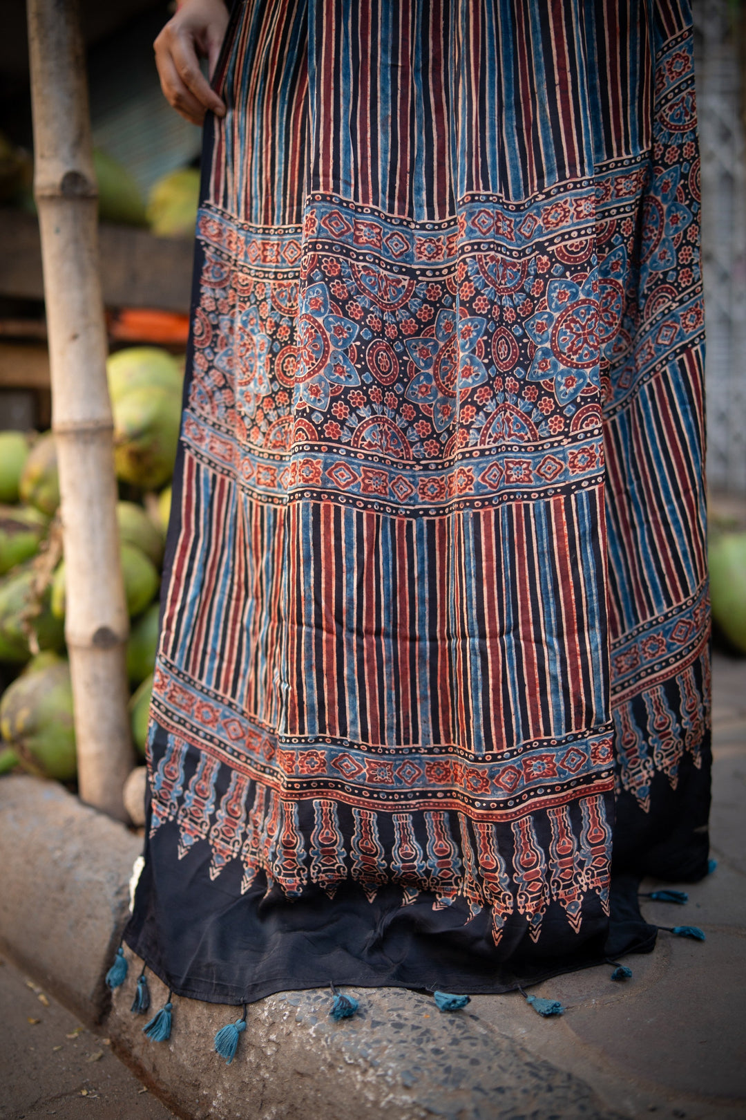 Multicolor Ajrakh Hand Block Print on Modal Silk Saree with Panel Design