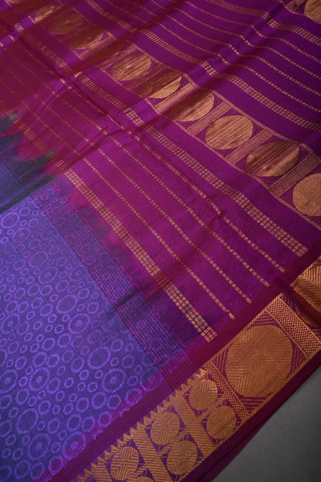 Purple-Green 9 Yards Madisar Silk Cotton Saree with Self Brocade and Contrast Minimal Zari Border ,No Blouse Piece