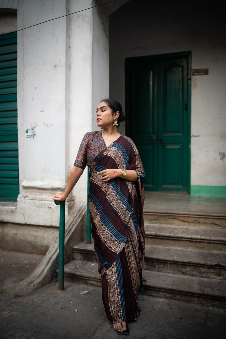 Multicolor Ajrakh Hand Block Print on Modal Silk Saree with Panel Design