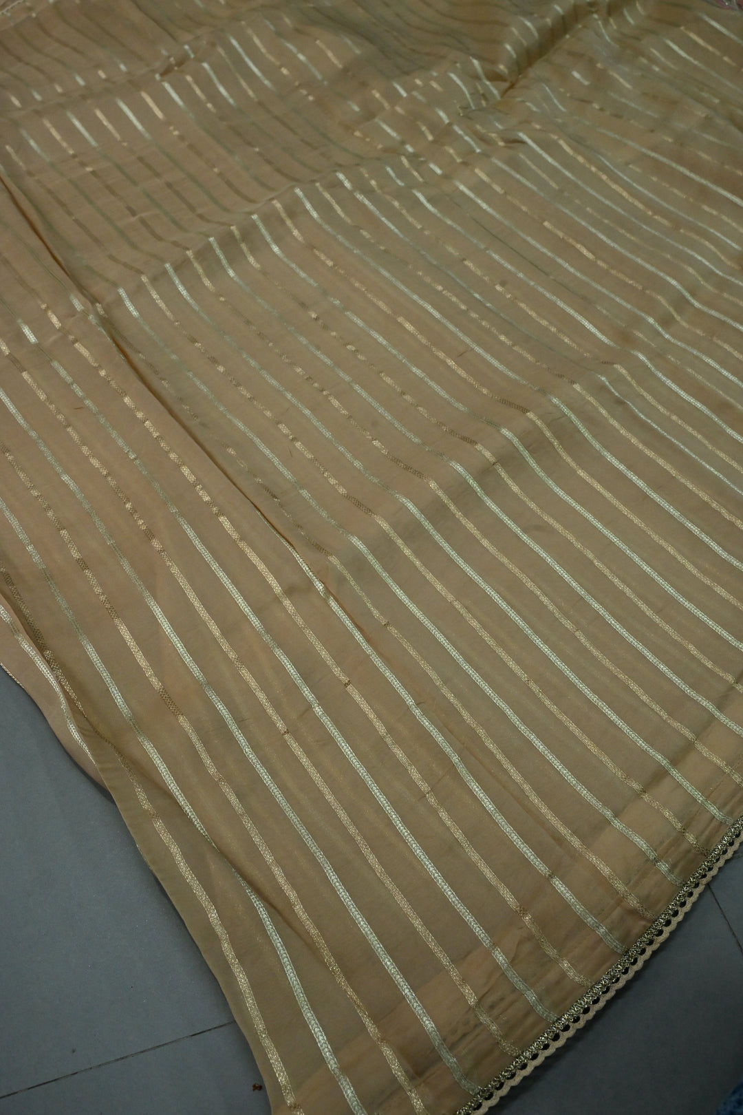 Dark Beige Vegan Viscose Silk Saree with 2 tone Vertical Zari Stripes and Minimal lace Border | SHOBITAM