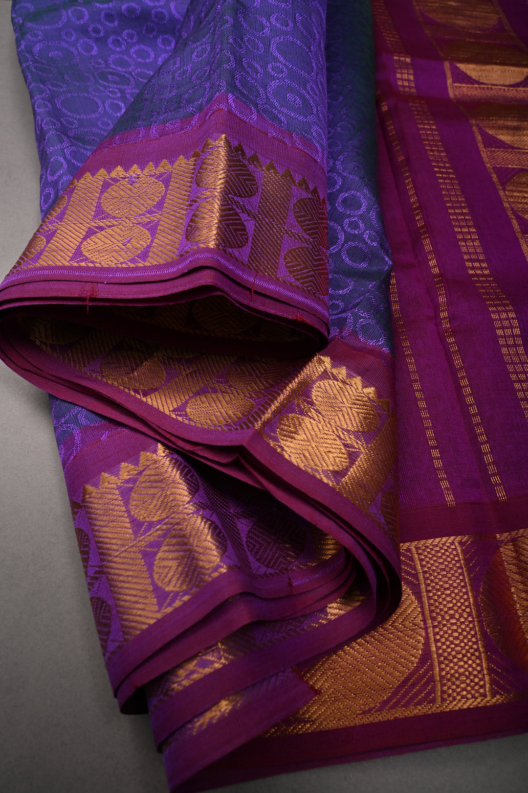 Purple-Green 9 Yards Madisar Silk Cotton Saree with Self Brocade and Contrast Minimal Zari Border ,No Blouse Piece