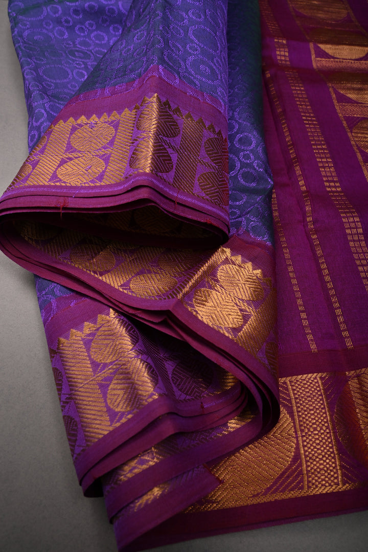 Purple-Green 9 Yards Madisar Silk Cotton Saree with Self Brocade and Contrast Minimal Zari Border ,No Blouse Piece