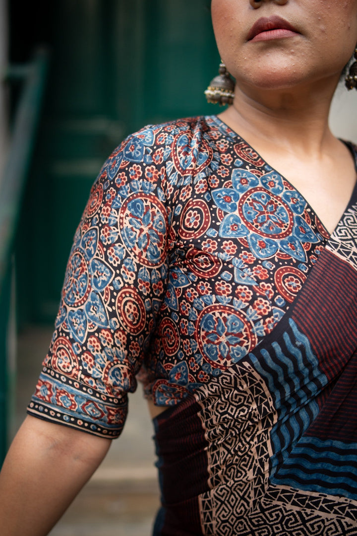 Multicolor Ajrakh Hand Block Print on Modal Silk Saree with Panel Design