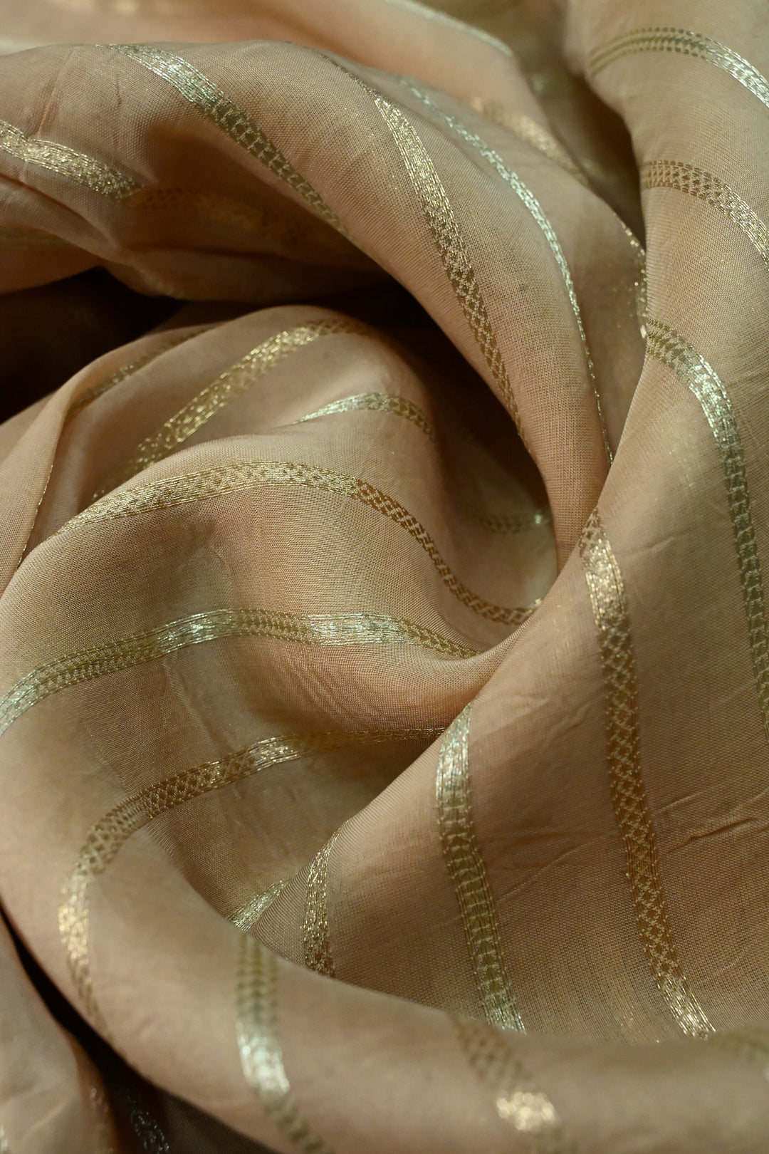 Dark Beige Vegan Viscose Silk Saree with 2 tone Vertical Zari Stripes and Minimal lace Border | SHOBITAM