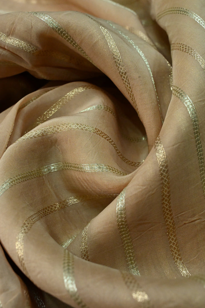 Dark Beige Vegan Viscose Silk Saree with 2 tone Vertical Zari Stripes and Minimal lace Border | SHOBITAM