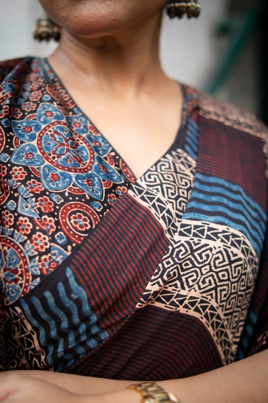 Multicolor Ajrakh Hand Block Print on Modal Silk Saree with Panel Design