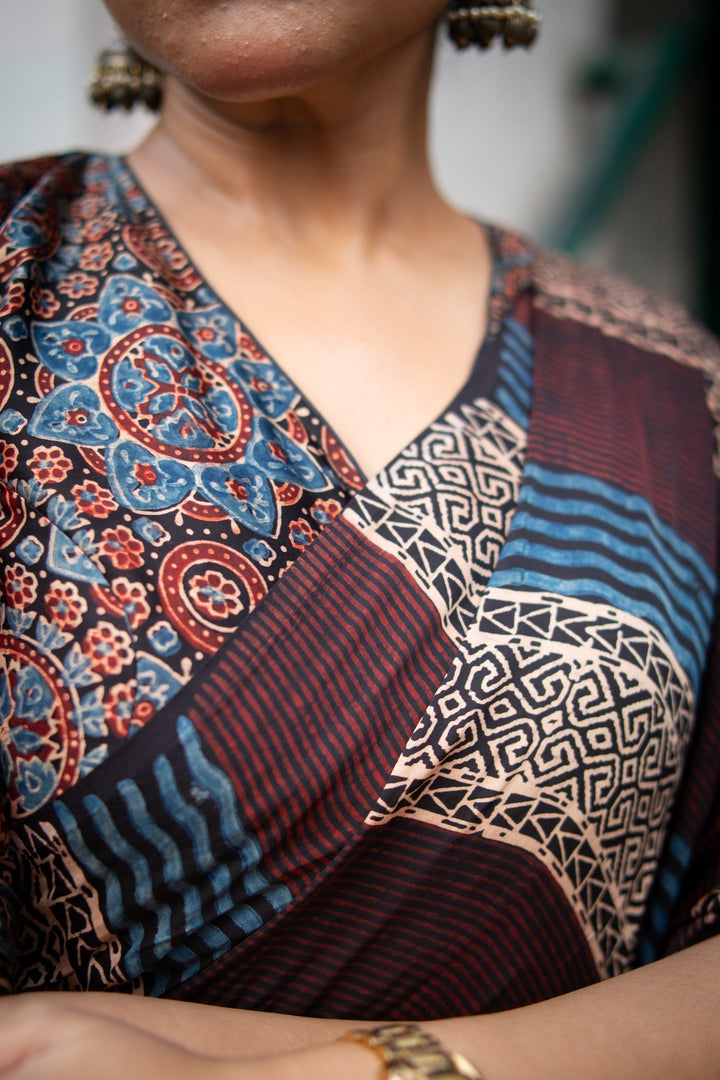 Multicolor Ajrakh Hand Block Print on Modal Silk Saree with Panel Design
