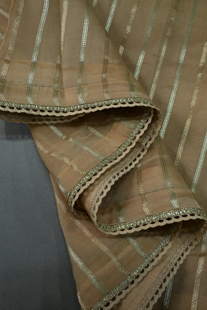 Dark Beige Vegan Viscose Silk Saree with 2 tone Vertical Zari Stripes and Minimal lace Border | SHOBITAM
