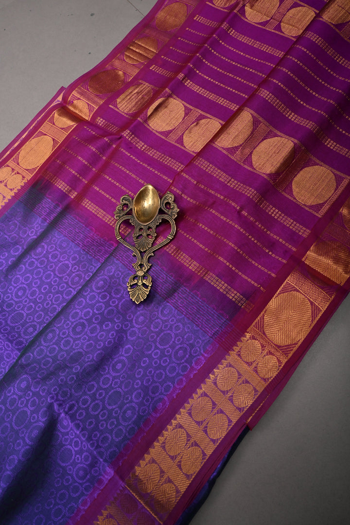 Purple-Green 9 Yards Madisar Silk Cotton Saree with Self Brocade and Contrast Minimal Zari Border ,No Blouse Piece