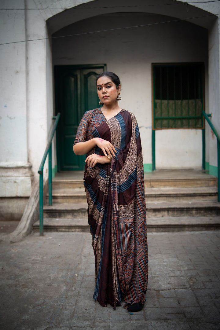 Multicolor Ajrakh Hand Block Print on Modal Silk Saree with Panel Design