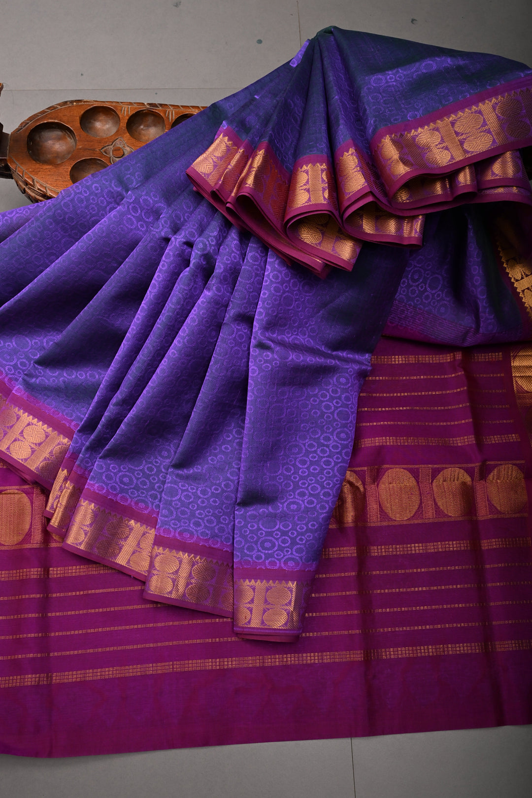 Purple-Green 9 Yards Madisar Silk Cotton Saree with Self Brocade and Contrast Minimal Zari Border ,No Blouse Piece