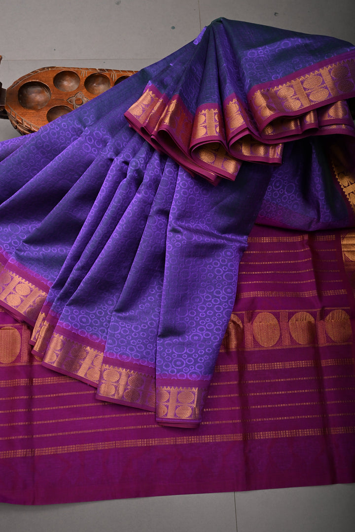 Purple-Green 9 Yards Madisar Silk Cotton Saree with Self Brocade and Contrast Minimal Zari Border ,No Blouse Piece
