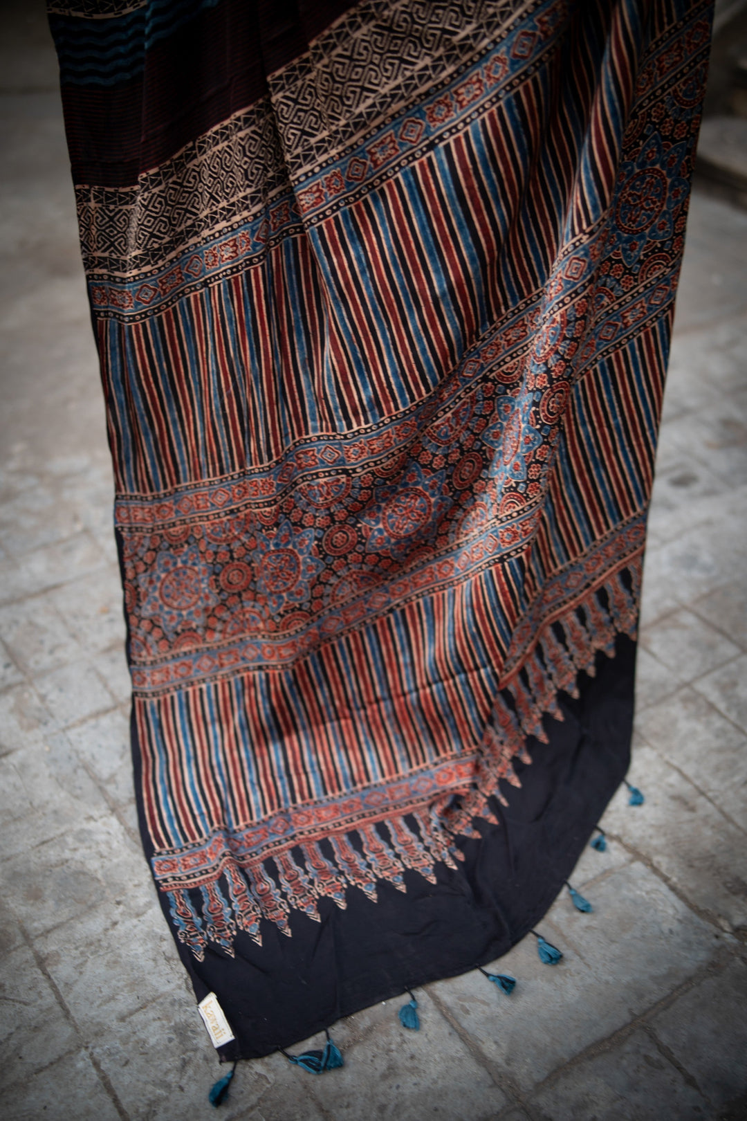 Multicolor Ajrakh Hand Block Print on Modal Silk Saree with Panel Design