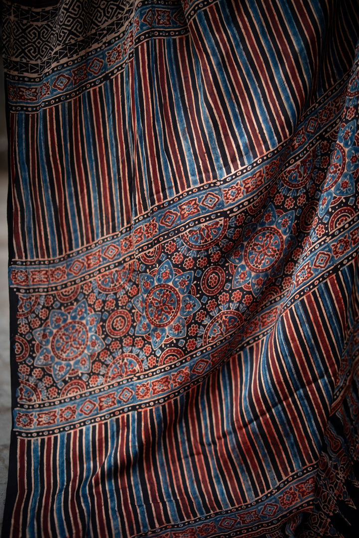 Multicolor Ajrakh Hand Block Print on Modal Silk Saree with Panel Design