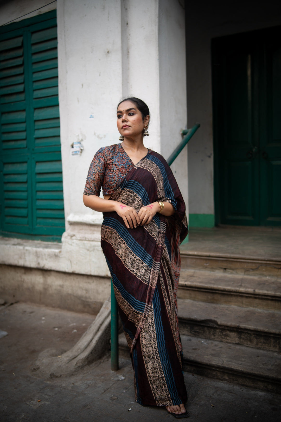 Multicolor Ajrakh Hand Block Print on Modal Silk Saree with Panel Design