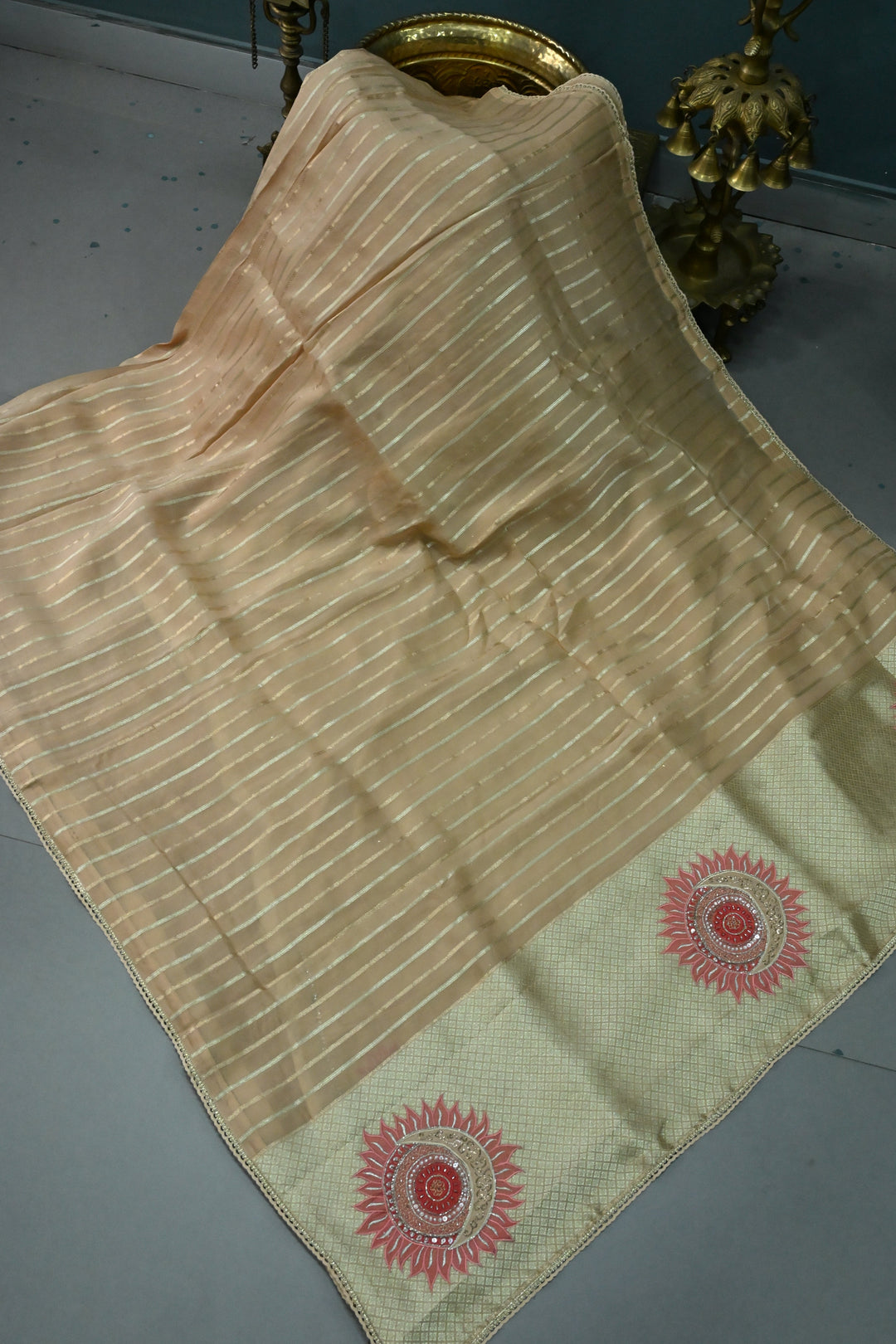 Dark Beige Vegan Viscose Silk Saree with 2 tone Vertical Zari Stripes and Minimal lace Border | SHOBITAM