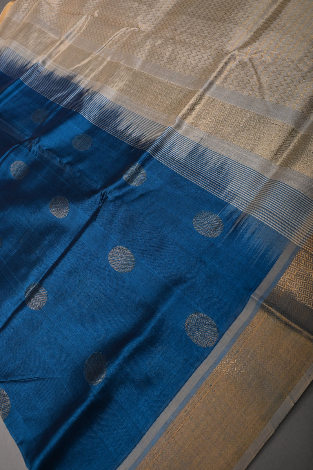 Peacock Blue 9 Yards Madisar Silk Cotton Saree with Contrast Zari Border ,No Blouse Piece