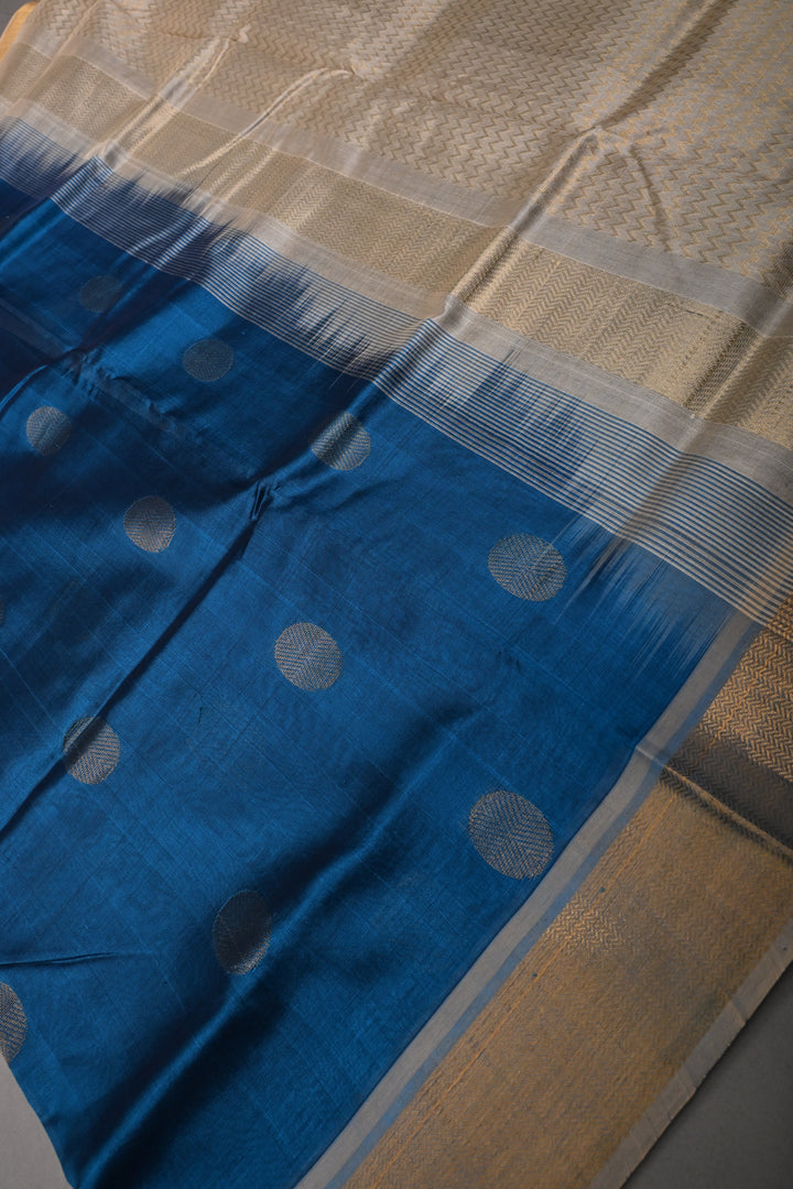Peacock Blue 9 Yards Madisar Silk Cotton Saree with Contrast Zari Border ,No Blouse Piece