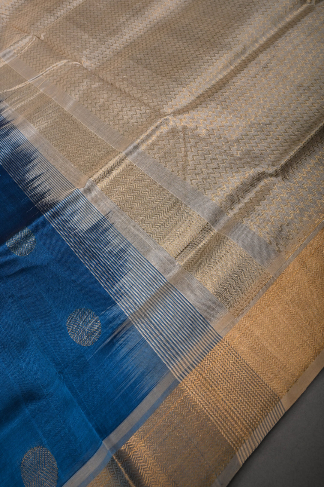Peacock Blue 9 Yards Madisar Silk Cotton Saree with Contrast Zari Border ,No Blouse Piece