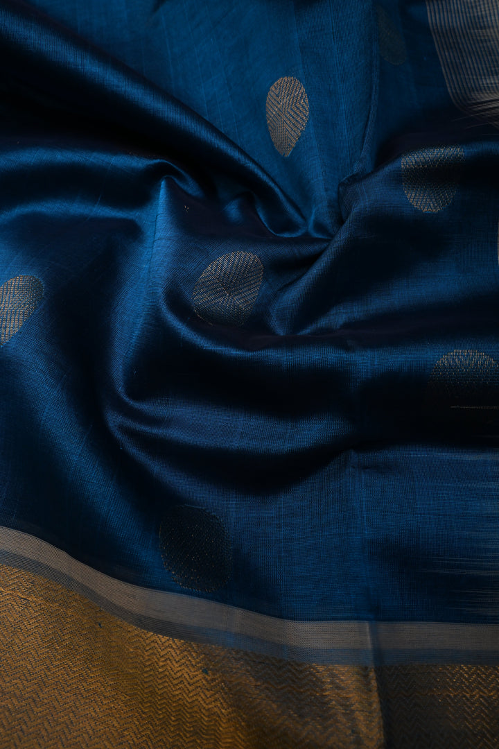 Peacock Blue 9 Yards Madisar Silk Cotton Saree with Contrast Zari Border ,No Blouse Piece