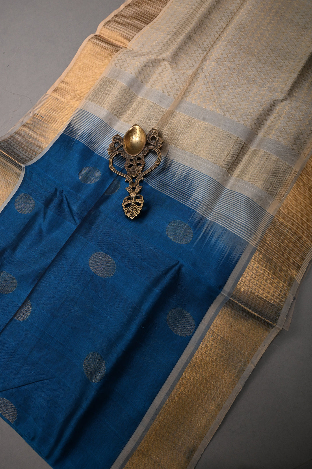 Peacock Blue 9 Yards Madisar Silk Cotton Saree with Contrast Zari Border ,No Blouse Piece