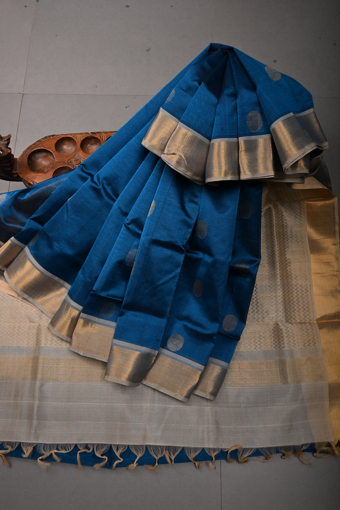Peacock Blue 9 Yards Madisar Silk Cotton Saree with Contrast Zari Border ,No Blouse Piece