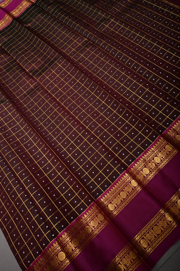 Green-Pink Zari Checks on Pure Kanjivaram Soft Silk Saree with Lakshadeepam Buttas and Contrast Rettiapet Zari Border | SILK MARK CERTIFIED | SHOBITAM