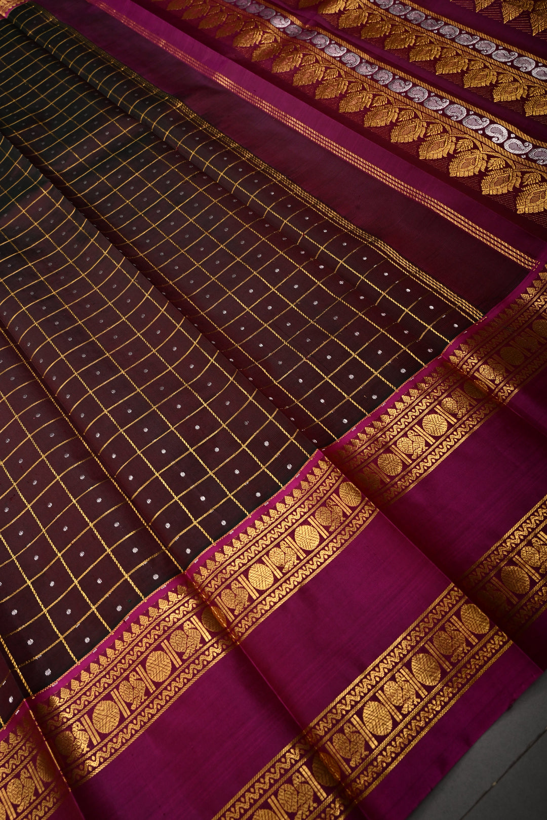 Green-Pink Zari Checks on Pure Kanjivaram Soft Silk Saree with Lakshadeepam Buttas and Contrast Rettiapet Zari Border | SILK MARK CERTIFIED | SHOBITAM