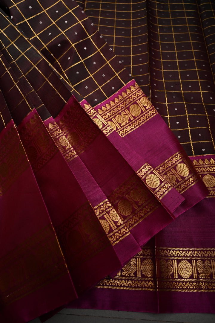 Green-Pink Zari Checks on Pure Kanjivaram Soft Silk Saree with Lakshadeepam Buttas and Contrast Rettiapet Zari Border | SILK MARK CERTIFIED | SHOBITAM